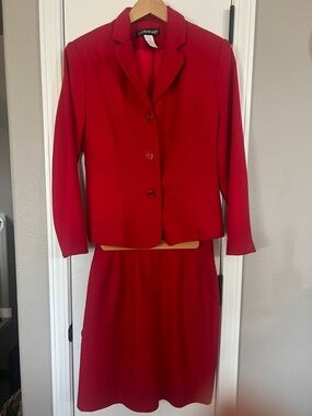 Bright Red Tailored 100% Wool Skirt Suit